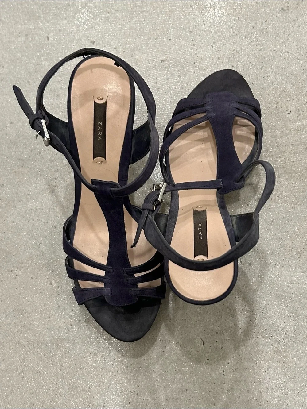 Zara Deep Blue Suede T-Strap Platform High Heel Sandals Good Used Condition